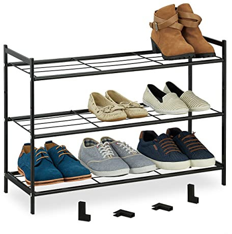 Relaxdays Metall Schuhregal, 3 Ebenen, erweiterbar, Flur Schuhgestell HBT 50 x 70 x 26 cm, 9 Paar Schuhe, offen, schwarz