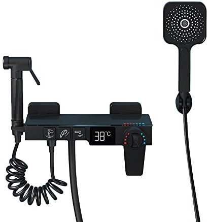 SXLSZ Thermostatique Robinet de Baignoire avec Affichage Digital Mitigeur de Douche Mural Laiton Robinet de Douche Monocommande 3 Fonctions Mitigeur de Baignoire avec Douchette,Noir