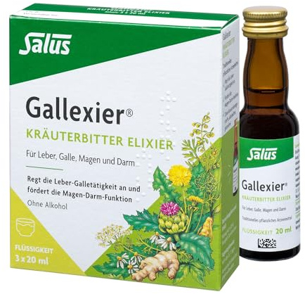 Salus Gallexier Kräuterbitter Elixier - freiverkäufliches Arzneimittel - für Leber, Galle, Magen und Darm - fördert die Magen-Darm-Funktion - alkoholfrei - Flüssigkeit mit 3x 20ml