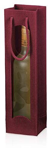 KK Verpackungen 500 x Tragetasche Geschenktüte für 1 Flasche 100x85x360 mm offene Welle Fenster Bordeaux