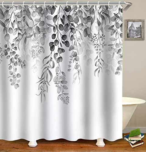 WELTRXE Shower Curtains, Bathroom Shower Curtain with 12 Hooks, Waterproof Polyester Fabric Bathtub Curtain, Weighted Hem, Quick Dry, Mildew & Mold Resistant, Home Decor, 183x183cm, Grey Eucalyptus