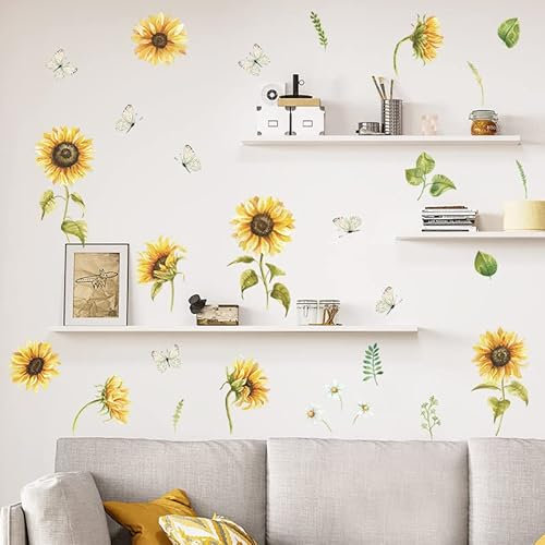 fanquare Sonnenblumen Wandtattoo Gelbe Blüte Garten Blumen Wandaufkleber DIY Dekor für Kinder Baby Schlafzimmer Wohnzimmer Kinderzimmer Dekoration
