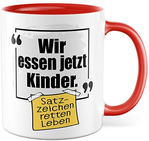 Lustige Tasse mit Spruch Kaffeetasse Grammatik Witz lustig Kaffee-Becher Zeichensetzung rettet Leben wir essen jetzt Kinder Interpunktion Deutsch (Weiß/Rot)