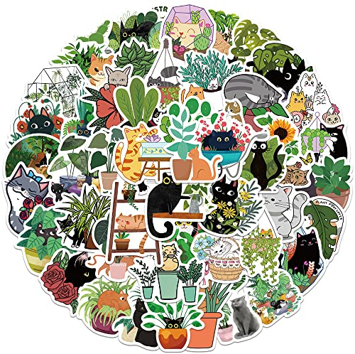 Katzen und Pflanzen Aufkleber Cats and Plants Sticker Set 50 Stücke Niedlich Deko für Auto Laptop Skateboard Fahrrad Moped Motorrad Fahrrad Computer,Geeignet für Erwachsene Kinder