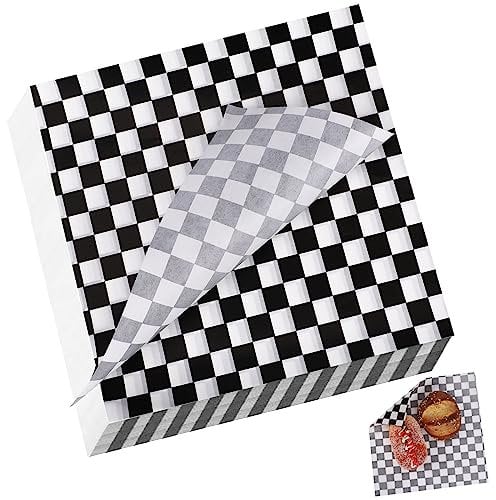 100 Pcs Black and White Checkered Wax Paper Sheets - Greaseproof Deli Liners for BBQ, Picnic, Party (7''x7'')