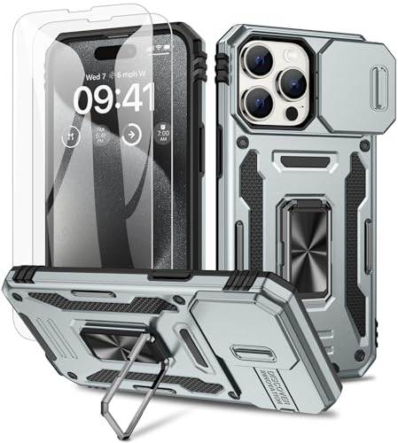 Doeshine Hülle für iPhone 15 Pro, Handyhülle mit 2 Stück Displayschutzfolie & Kameraschutz, 360° Rotate Metal Ring Ständer, Robust Fallschutz Outdoor Militär Schutzhülle für iPhone 15 Pro (Grau)