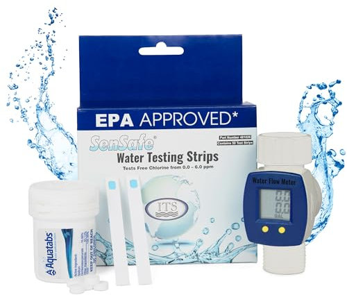 Aquamarine Water Solutions Complete Drinking Water Kit for Boat & RV - 100 Aquatabs Water Purification Tablets + 50 Chlorine Test Strips + Water Flow Meter for Water Tanks
