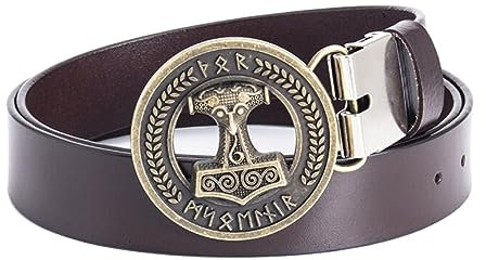 JIARY Herren Gürtel Thor-Hammer-Schnalle, Gürtel Herren Western Cowboy, Ledergürtel mit Wikinger-Thorshammer-Muster Runder Legierungsschnalle Vintage-Gürtel,Brown b,120CM/47.3''