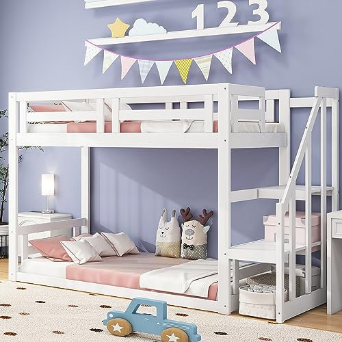 Kinderbett Etagenbett 90x200, Hochbett mit Treppe, Stockbett, Spielbett, Jugendbett, Etagenbettgestell mit Lattenrost, ohne Matratze, Weiß