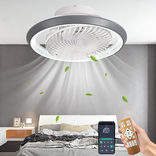 TJSC Moderno Ventilatore da Soffitto con illuminazione, Ventilatore Silenzioso Rotante a 360° LED Dimmerabile, con telecomando e APP 6 velocità con ventola, Soffitto Camera da Letto, Grigio, 49cm