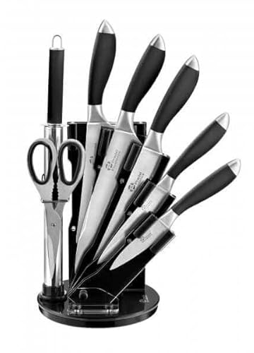 Pradel Excellence - ESSENTIELS - Bloc de couteaux tournant avec accessoires 7 pièces - Boite en couleur : 5 couteaux,1 fusil,1 ciseau.Lames en acier inoxydable et support plexiglas - Noir