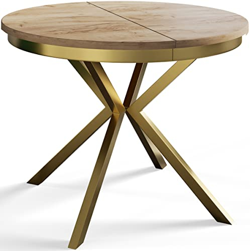 AlpiMeble Runder Esszimmertisch BERGO, ausziehbarer Tisch Durchmesser: 100 cm/180 cm, Wohnzimmertisch Farbe: Braun, mit Metallbeinen in Farbe Gold
