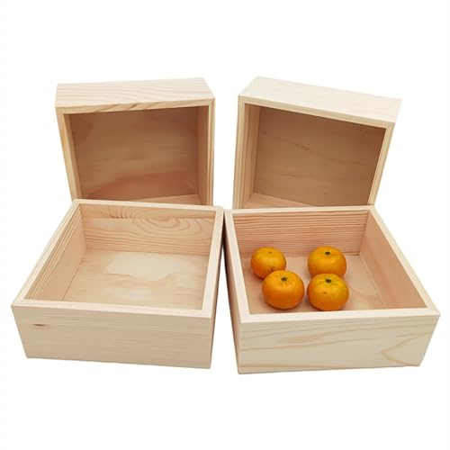 Anktily Unlackierte Aufbewahrungsboxen aus Holz, 15 x 15 x 6 cm, kleine, quadratische Holzkiste, rustikale Naturholz-Behälterbox für Heimdekoration, 4 Stück