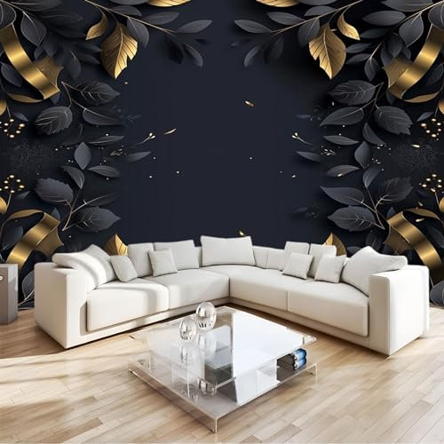 Noir Papier Peint 3D Panoramique Feuille De Plante Or Noir Fresque Murale Moderne Pour Salon & Chambre, Décoration Murale Intissé Écologique - Installation Facile 350 X 256 Cm