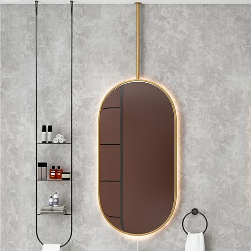 Ovaler Spiegel, goldener Badezimmerspiegel mit Metallrahmen, hängender schwebender HD-Dekorspiegel an der Decke, Badezimmerspiegel für über dem Waschbecken – Stange kann individuell angepasst werden (