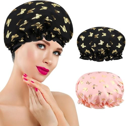 Reusable Shower Cap for Women Double Waterproof Layers Shower Cap Washable Elastic Band Bath Hair Hat for Long Hair, Braids (Butterfly black)
