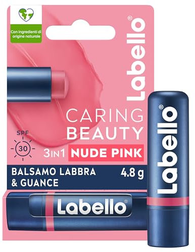 Labello Caring Beauty Lip & Cheek Nude Pink 4.8g Lippen- und Wangenstift mit einer rosafarbenen Note, getönter Lippenbalsam und Blush Stick 2in1, feuchtigkeitsspendender Lip Balm mit LSF 30 Schutz
