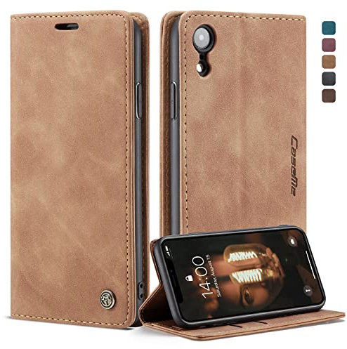 owlhold Handyhülle für iPhone XR Hülle, Premium Lederhülle Weiches Vintage-Nubukleder Faltbare Ständer Klapphülle Kartenfach Standfunktion stoßfest Schutzhülle für iPhone XR -Braun