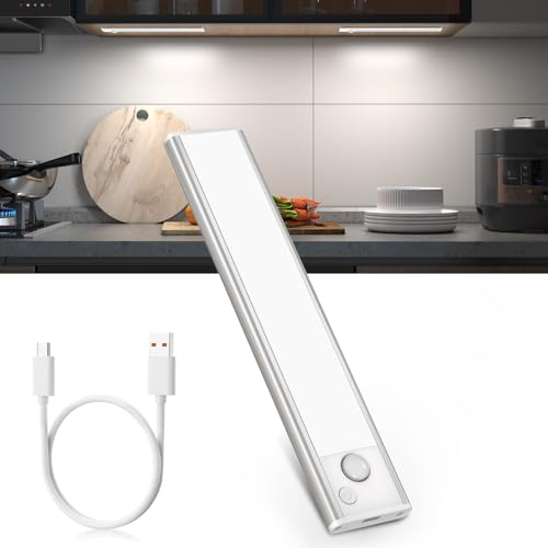JEKEMORYE Luces Calida Iluminación de Armario para Debajo de Los Muebles, Lámpara LED para Cocina, Detector de Movimiento, 20 cm, Color Blanco, Sin Cable, Barra de Luz con USB Recargable