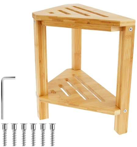 NIHUIFDPY Taburete de ducha de madera maciza, reposapiés de 14 pulgadas, taburete de doble piso, taburete de ducha de esquina con estante de almacenamiento, asientos de ducha y bancos para sentarse