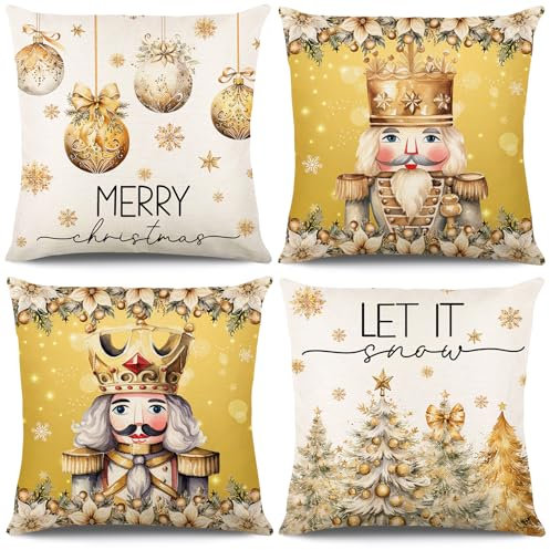 KIKISML 4 Stück Weihnachtskissenbezug 45x45 cm, Kissenbezug Weihnachten Set, Weihnachtskissen Zierkissenbezüge, Weihnachtsdeko Kissenbezug für Wohnzimmer Schlafzimmer (Gold)