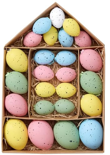 Victor's Workshop 25x Ostereier zum Aufhängen, farbige künstliche Ostereier für Osterdeko Osterstrauß Osterkörbchen Frühlingsdeko - Bunt