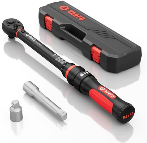 VANPO Clé Dynamométrique 1/2, 20-220NM Cle Dynamometrique Kit avec Rallonges 125mm, Adaptateur 1/2 à 3/8, Poignée en plastique TRP+ABS, pour Roue Voiture, Moto et Camion Réparation et Entretien