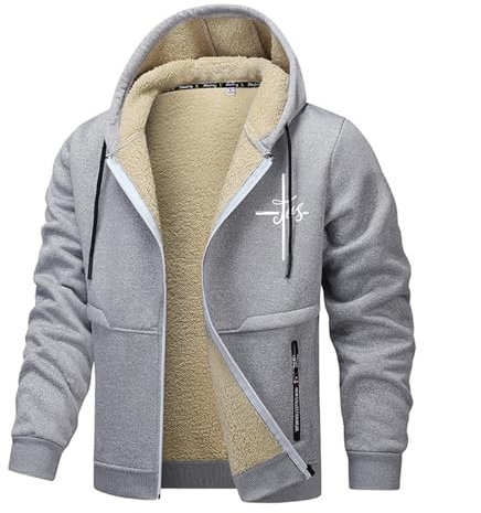 Bauzuoyo Giacca invernale da uomo con fodera in orsacchiotto, spesso cappotto invernale da uomo, con cappuccio e cerniera, antivento, con tasche, giacca invernale in pile termico con stampa, grigio