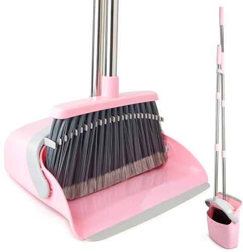 OOOFLOWER Broom and Dustpan Combo Set, Long Handle and Standing Dust Pan with Comb Teeth, Efficient Floor Cleaning for Kitchen, Outdoor, Dorm, Apartment, Office Lobby (Pink Gray)