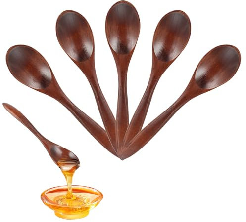 Hisdricus - 5 Pcs Cuillère en Bois - Cuillère à Miel - Cuillère Miel Bois - 14,5 cm, Fait à la Main, Mini Cuillère en Bois pour Thé, Café, Confiture, Miel, Accessoires de Cuisine, Marron