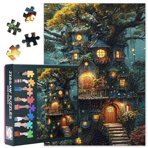 Puzzle 1000 Teile - Enchanted Fantasy Tree House Art, 70 x 50 cm Difficult 1000-teiliges Puzzles für Erwachsene Magical Geschenk für Familie Männer Frauen