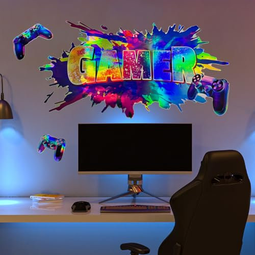 HGDESIGN® Wandtattoo Wandaufkleber Gamepad Game Zone 3D Gamer Laser Poster Laser Bunt Wandsticker Wanddeko für Kinderzimmer Jungen Schlafzimmer Junge Teenager Videospiel Geschenk (B)