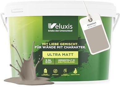 Veluxis Wandfarbe Hellgrau Creme Beige matt 2,5 L – Whole Grain | Innenfarbe mit Deckkraft Klasse 1, VOC-frei, ohne Grundierung, tropfarm, für Wohnzimmer und Schlafzimmer