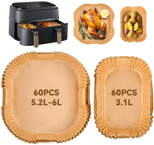 Inwee 120 PCS Air Fryer Liners for Tefal 5.2L & 3.1L Dual Air Fryer, Disposable Paper Liners, Air Fryer Accessories for Tower/Lakeland/Salter and Other Large & Small 2 Drawer Basket Air Fryer