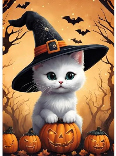 Lxmsja 5D Diamond Painting Katze, Halloween Diamond Painting Erwachsene, Diamant Painting Bilder Erwachsene, Full DIY Diamant Kunst Malerei Stickerei Set Kreuzstich Bilder Home Dekor 30x40cm