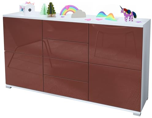 Vladon Sideboard Rova V1, Kommode mit 4 Türen und 4 Schubladen, Weiß matt/Bordeaux Hochglanz (138,5 x 75,5 x 35)