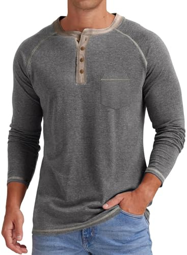 JMIERR Mens Henley T Shirt Long Sleeve Tops Casual Pullover | Cotton,V Neck Tee Shirt,Button up Tops,with Pocket,Light weight,Men's fashion,Retro,Smart,Grandad shirts