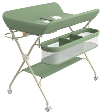 Wickeltisch, 3-in-1, Wickelkommode für Baby, von Geburt bis 12 Monate (bis 25 kg), Wickeltisch, faltbar, tragbar, Wickeltisch für Babys, mit 4 Rollen,75 x 68 x 83–91 cm (Grün)