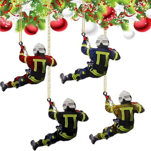 Feuerwehrmann Weihnachten Deko 4 Stück, Feuerwehrmann Weihnachtsbaumschmuck Anhänger, Feuerwehrmann Hängende Ornamente, Feuerwehrmann Acryl Anhänger, für Wandfenster, Bäume, Auto-Rückspiegelzubehör