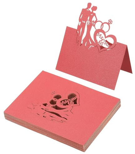 PATIKIL 50Pz Segnaposto per Matrimonio, Cartellini Segnaposto Comunione Eleganti a Forma Tenda Cavi Traforati Laser Pieghevole per Allestimento Tavolo Buffet Ricevimento, Rosso Perle