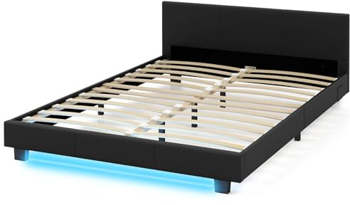 COSTWAY 140 x 200 cm Bett mit LED Beleuchtung, Polsterbett Bettrahmen mit Lattenrost, Doppelbett Bettgestell mit Kopfteil aus Kunstleder (Schwarz)