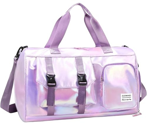 Sporttasche Damen, Schwimmtasche Frauen mit Schuhfach und Nassfach, Reisetasche Damen, Wasserdicht Weekender damens Faltbare Reisetasche für Training, Reise, Sport (Lila)