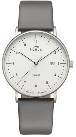 UMR RUHLA 30431 gr - Eleganz trifft Präzision – Stilvolle Armbanduhr mit 705 Quarzwerk - Edelstahlgehäuse - weißes Zifferblatt - Mineralglas - graues Lederarmband - Made in Germany
