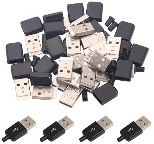 Harrisen 20 Set USB 2.0 Typ A Stecker 4 Pin mit schwarzer Kunststoffabdeckung，Stecker für DIY Unterstützung Modul Adapter zum Löten von Drähten und Kabeln