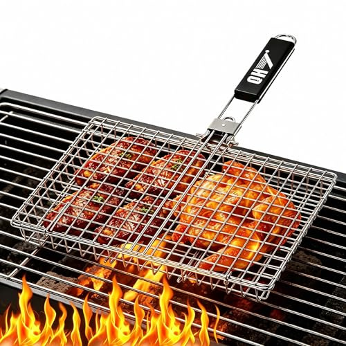 QH7 Heavy Duty Stainless Steel Grill Basket for Camping & BBQ - Foldable, Portable Grilling Grate with Detachable Handle - Non-Stick Mesh for Fish, Vegetables, Shrimp, Burgers & More