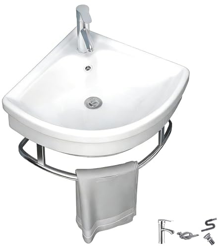 Lavabo Esquinero Moderno de Cerámica con Soporte de Acero Inoxidable y Toallero, Lavabo Pequeño de Pared para Baños, Apartamentos Pequeños, Restaurantes, Casas de Campo y Lavanderías
