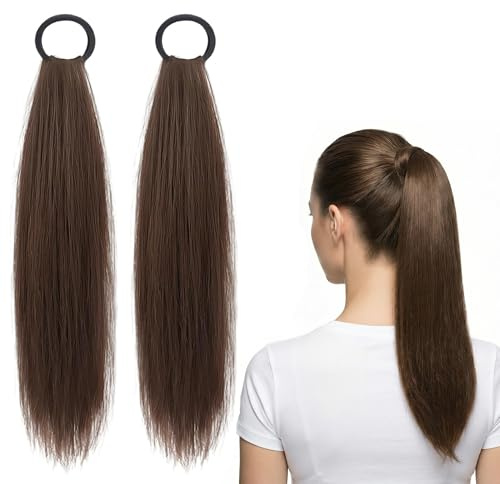 2 Stück Echthaar Zopf, Ponytail Extension Echthaar, Hellbraun Pferdeschwanz Haarteil Haarverlängerung