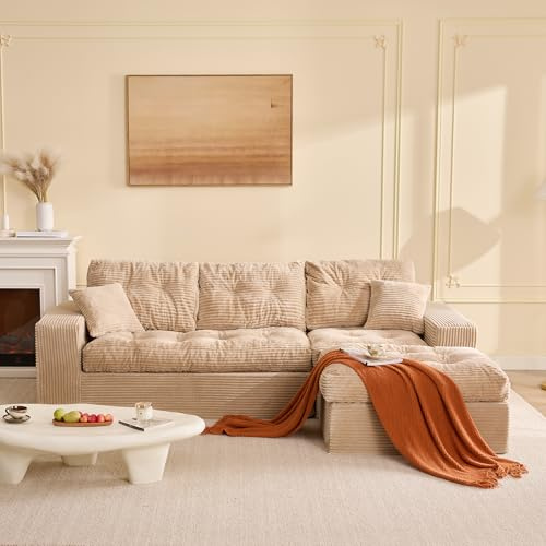 Litbird 3‑Sitzer Ecksofa Hellbraun – Modulares Sofa mit Recamiere, Cordstoff Bezug, Schlafsofa & Relaxsofa, Wohnzimmer Sofa ohne Montage, 3‑Sitzer Sofa für geräumiges Wohnzimmer