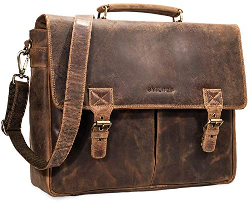 STILORD 'Georg' Aktentasche Leder Vintage Dokumententasche Lehrertasche Business Büro für große Aktenordner 15,6 Zoll Laptopfach echtes Rindsleder, Farbe:mittel - braun