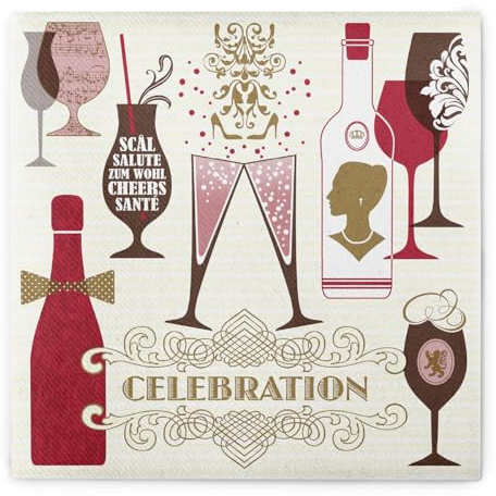 Sovie HORECA Serviette CELEBRATION in Champagner-Bordeaux aus Linclass® Airlaid 40 x 40 cm, 50 Stück – festliches Design mit Sektgläsern, Weingläsern, Flaschen & Ornamenten